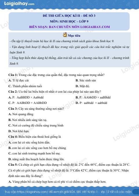 Đề kiểm tra giữa kì 2 Sinh 9 - Đề số 3 có lời giải chi tiết